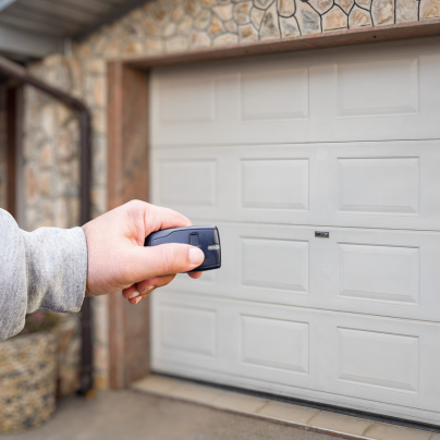 Boise security key fob pointing to a garage door